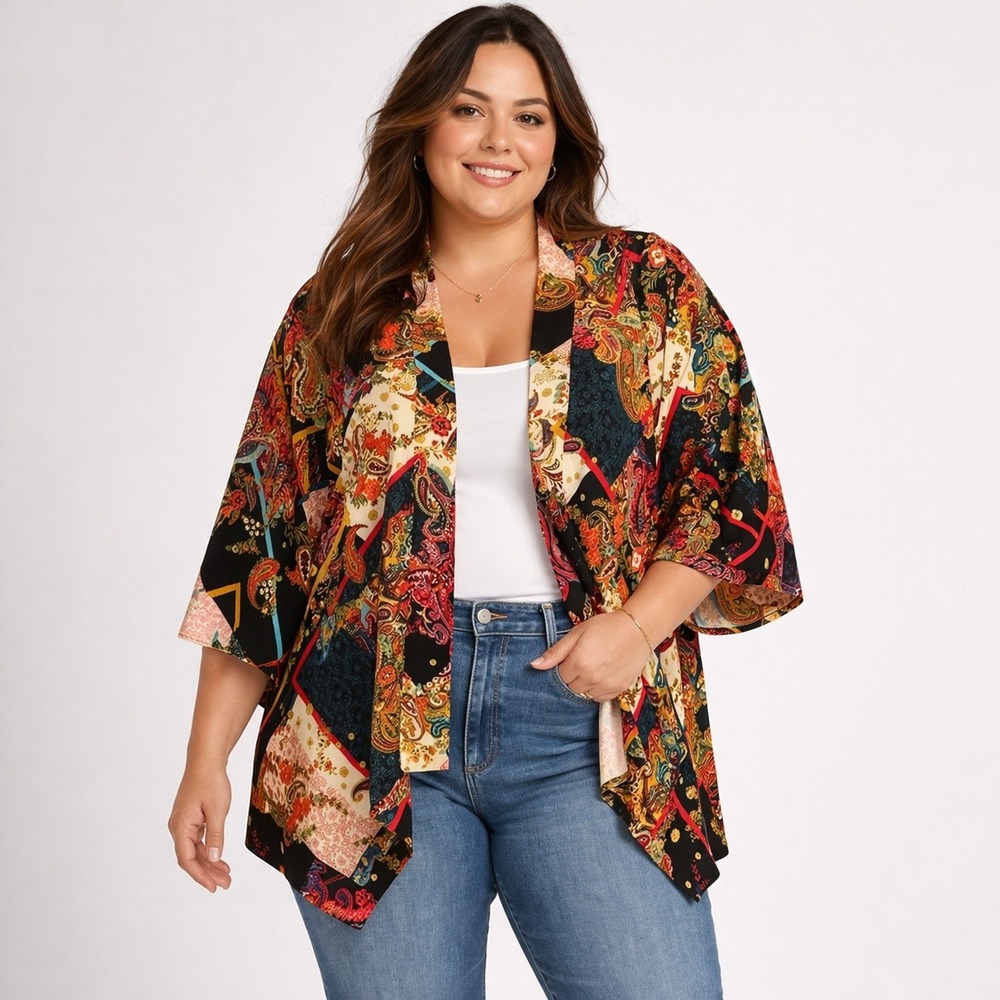 Travel Elements Womens Top Plus 1X Kimono Cardigan Paisley Patchwork Open Artsy